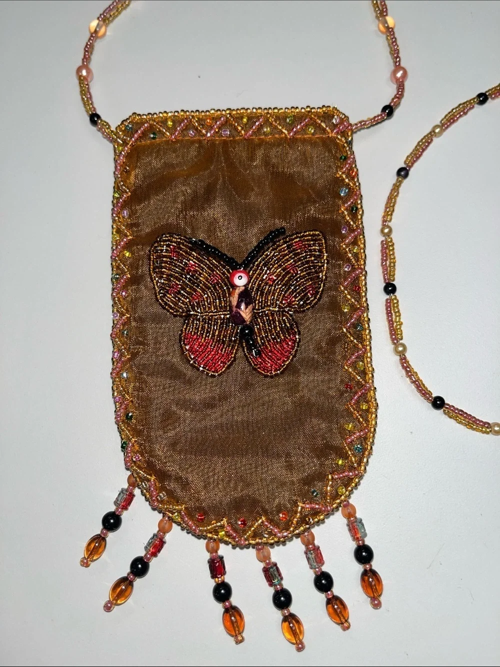 Source Unknown Brown Beaded Fringe Phone Case Charm w/ butterfly